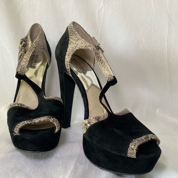 MICHAEL Michael Kors Peep Toe Platform Strappy Heels Black Snakeskin 8.5 - Picture 6 of 8